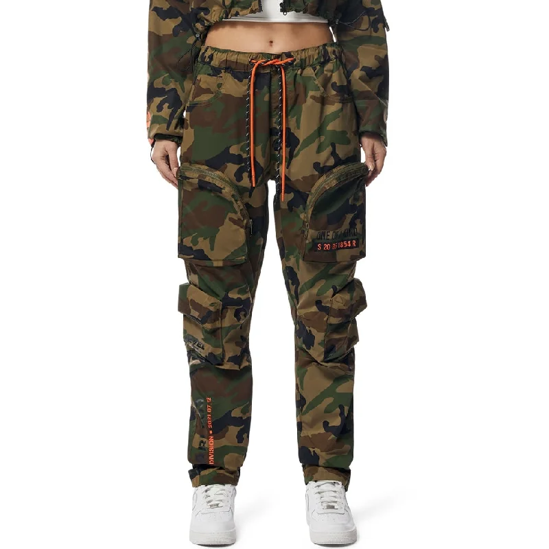 Relaxed Slouched Windbreaker Cargo Pants - Wood Camo Stylish Paperbag Waist Pants