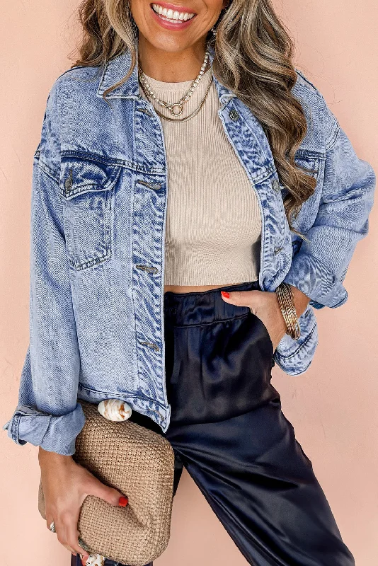 Beau Blue Vintage Washed Flap Pockets Denim Jacket One-Shoulder Jacket Off-the-Shoulder Jacket Asymmetrical Jacket