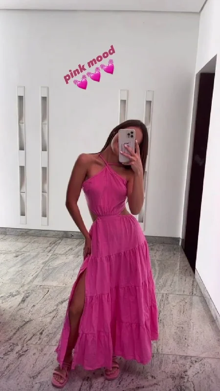 Beautiful Hot Pink A Line Party Dress Waist-baring Slit Evening Dress cc1572 Tunics Review highly
