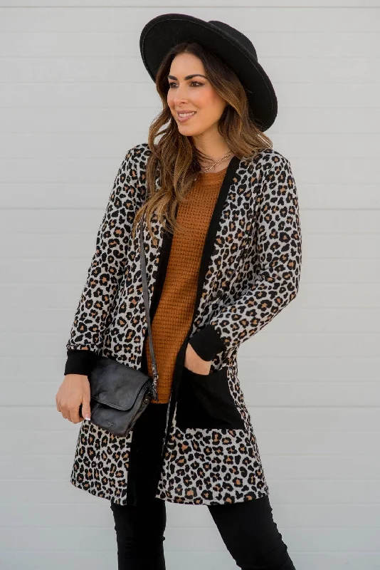Mini Leopard Solid Trim Tunic Cardigan Chenille Blend Fleece Blend Nylon Blend