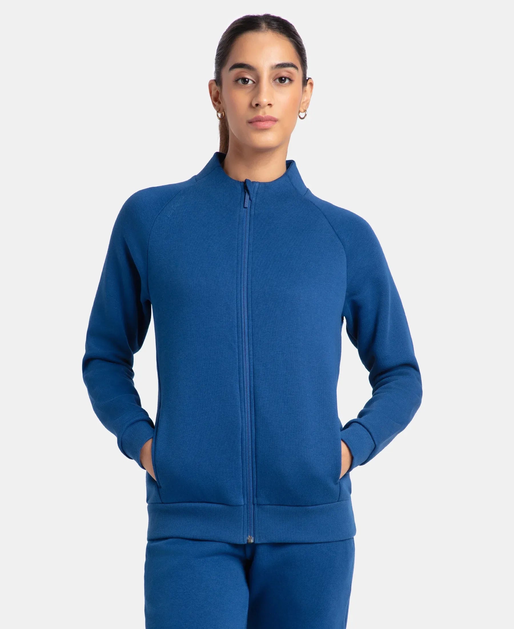 Super Combed Cotton Rich Fleece Fabric Full Zip High Neck Jacket with Front Pockets - Navy Peony Snapped Jacket Toggled Jacket Drawstring Jacket