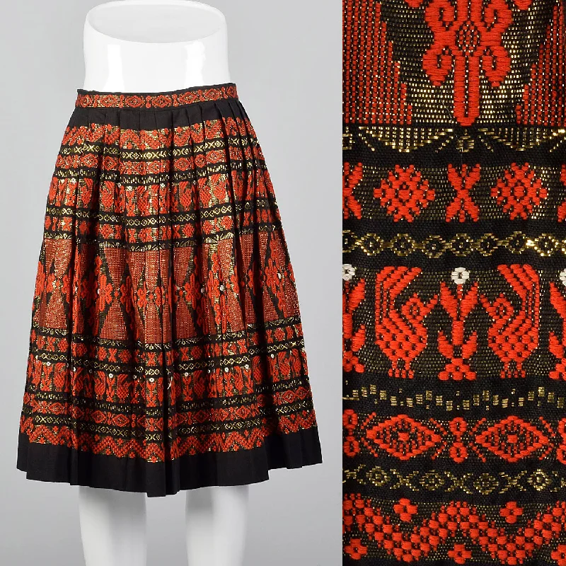 1950s Pleated Black Skirt with Red and Metallic Embroidery a-line skirt cut