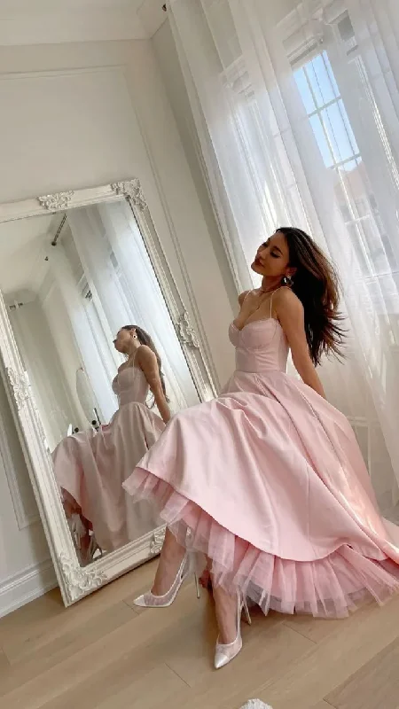 Simple Spaghetti Straps Pink A Line Satin Prom Dresses Party Dress cc2166 Tunics Polka dots