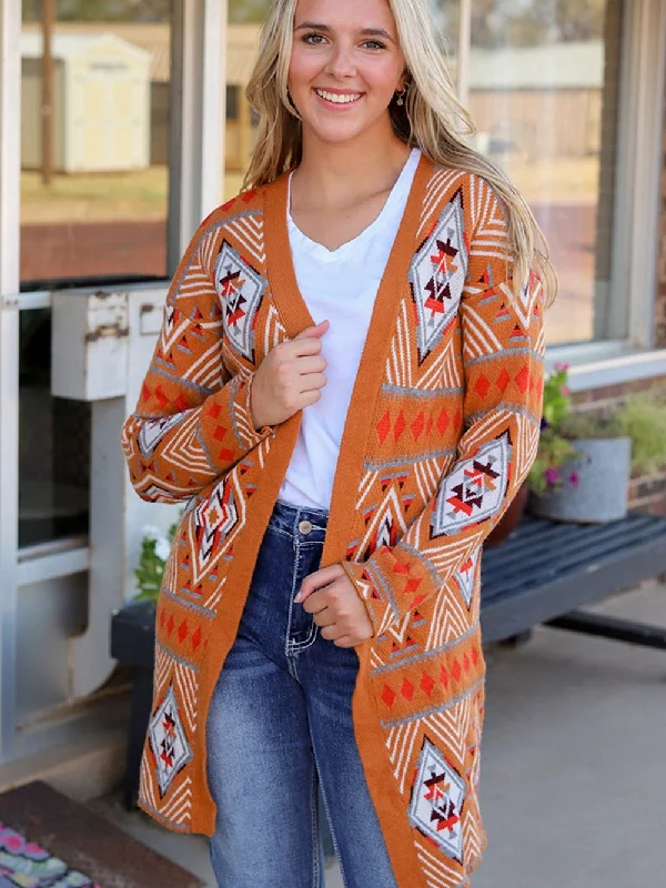 Brown Aztec Geometric Knit Cardigan with Open Front Terry Terry Cloth Terry Knit