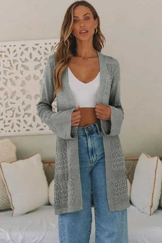 Pointelle Knit Open Front Cardigan Crew Neck V-Neck Turtle Neck