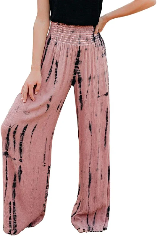 BZB Women Smocked High Waist Tie Dye Boho Pants Casual Print Wide Leg Pants Classic Straight-Leg Pants