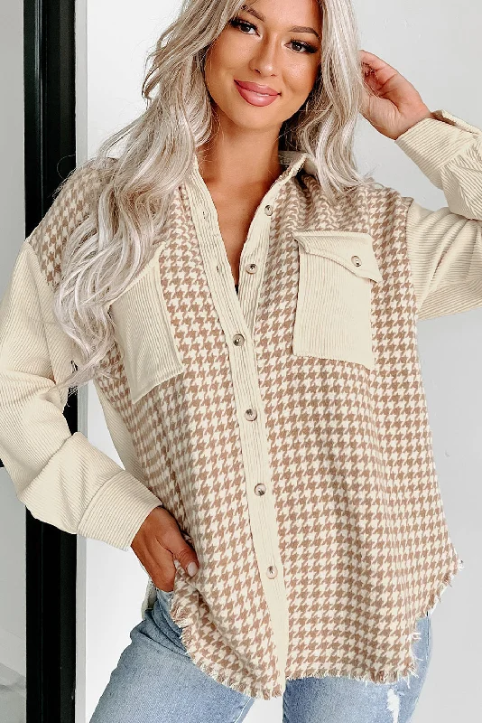 Beige Corduroy Shirt Jacket with Houndstooth Panel Cardigan Sweater Pullover