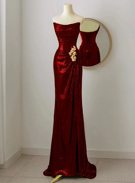 Charming Sequins Burgundy Strapless Long Evening Dress Mermaid Party Dress Prom Dress cc1464 Tunics Favorite customer