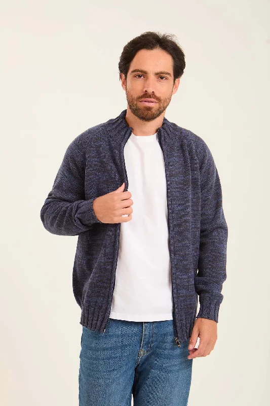 Men Zip Closure High Collar Cardigan - Multicolor Mesh Cardigan Canvas Denim