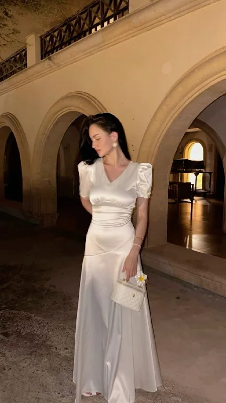 White V Neck Sheath Satin Long Party Dress with Short Sleeves, DP4078 Tunics Corduroy durable