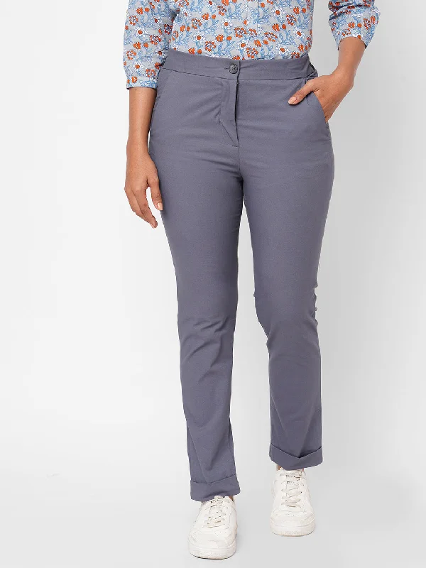 Women's Blue Cotton Lurex Slim Fit Pant Casual Yoga Pants