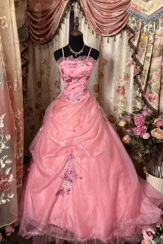 Pink Spaghetti Straps A-Line Tulle Long Party Dress Evening Ball Gown, DP4371 Tunics Trousers formal