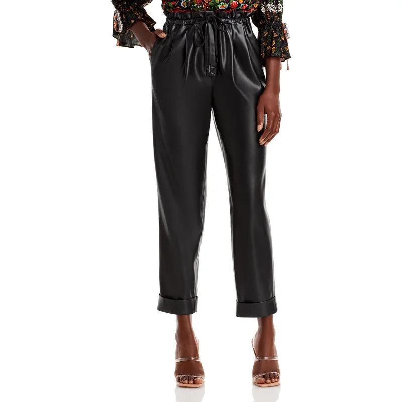 Alice and Olivia Womens Lilana Pleated Faux Leather Paperbag Pants Comfy Athletic Pants