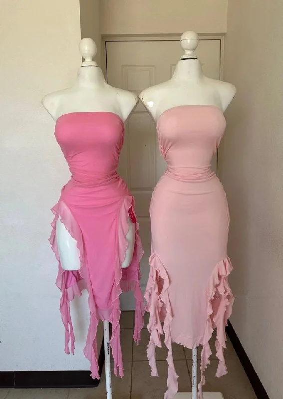 Pink Strapless Sheath Ruffles Long Party Dress Wedding Guest Dress, DP4421 Chiffon Maxi Beach Pink Strapless Sheath Ruffles Long Party Dress Wedding Guest Dress, DP4421 Chiffon Maxi Beach