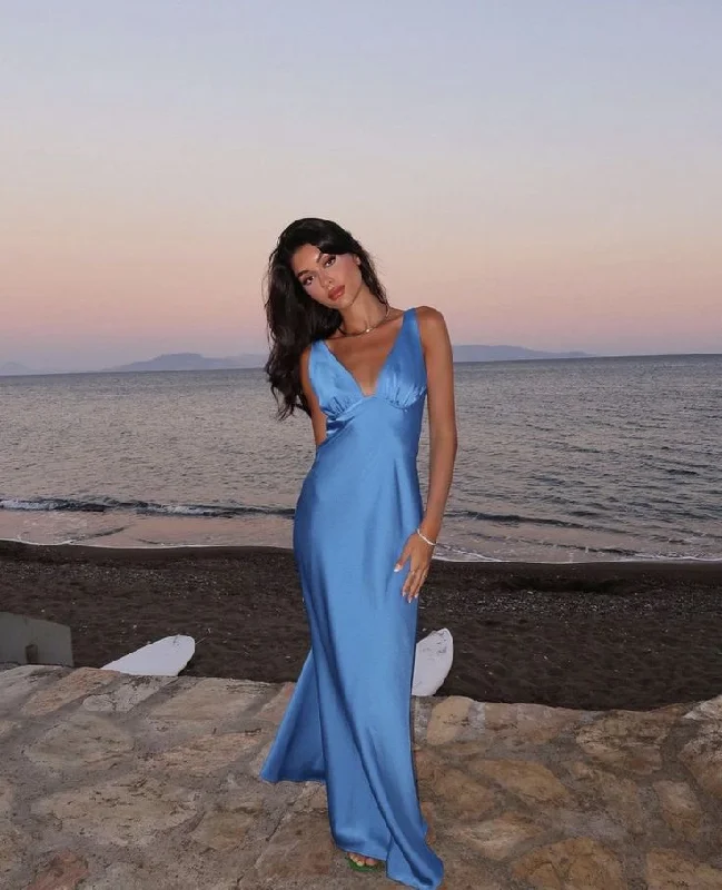 Blue V Neck Sheath Satin Long Party Dress Wedding Guest Dress, DP4620 Peplum Ruffle Cocktail