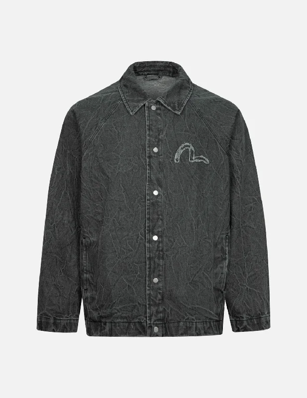 Seagull and Slogan Embroidery Oversized  Denim Coach Jacket Bomber Jacket Anorak Windbreaker