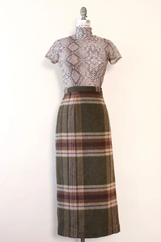 Olive Plaid Blanket Skirt L denim skirt trendy