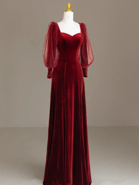 Elegant Burgundy Velvet Long Prom Dress, Puffy Sleeves Wedding Party Dress cc1513 Tunics Velvet soft