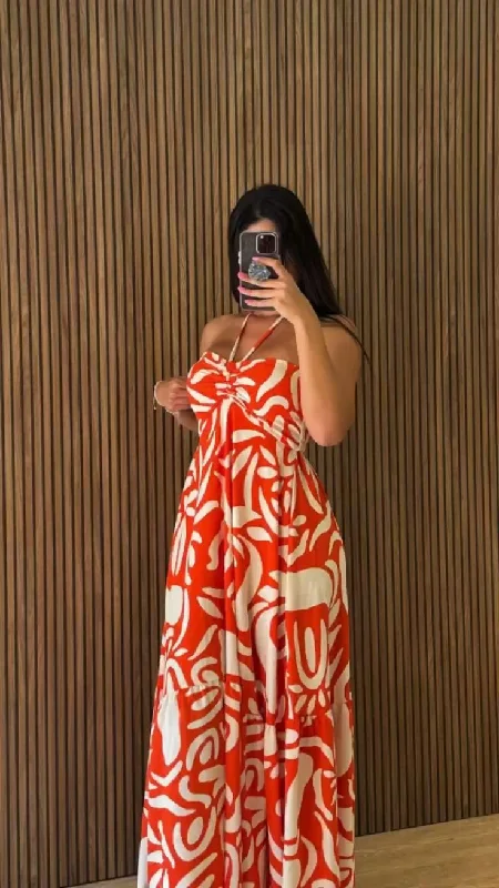 Orange Halter A-Line Printed Long Party Dress Fashion Vacation Dress, DP4332 Tunics Recommended stylist