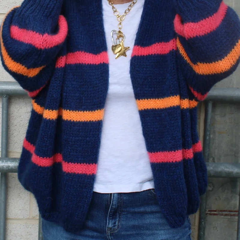 Mohair Stripe Open Lightweight Cardigan Stretchy Elastic Breathable