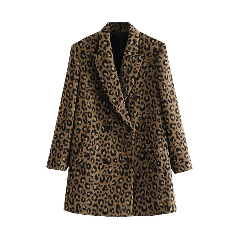 Casual Women's Temperament Leopard Print Jacket Female Autumn and Winter Mid-length Ladies Suit Double Breasted Blazer Jacket Blazer Coat