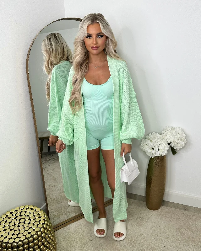 Gabriella Knitted Long Cardigan - Mint Neon metallic Matte