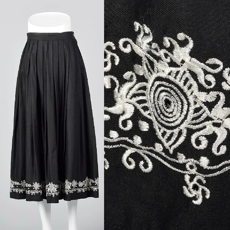 1990s Anne Klein A Line Black Skirt with Embroidered Border asymmetrical skirt cut