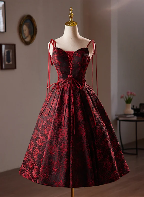 Wine Red Floral Satin Straps Knee Length Party Dress, Wine Red Homecoming Dress Tunics Ceremony elegant Wine Red Floral Satin Straps Knee Length Party Dress, Wine Red Homecoming Dress Tunics Ceremony elegant