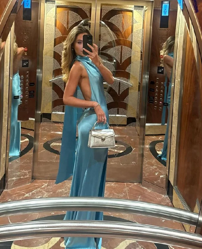Blue Halter Backless Sheath Satin Long Evening Party Dress, DP4086 Tunics Short Trendy