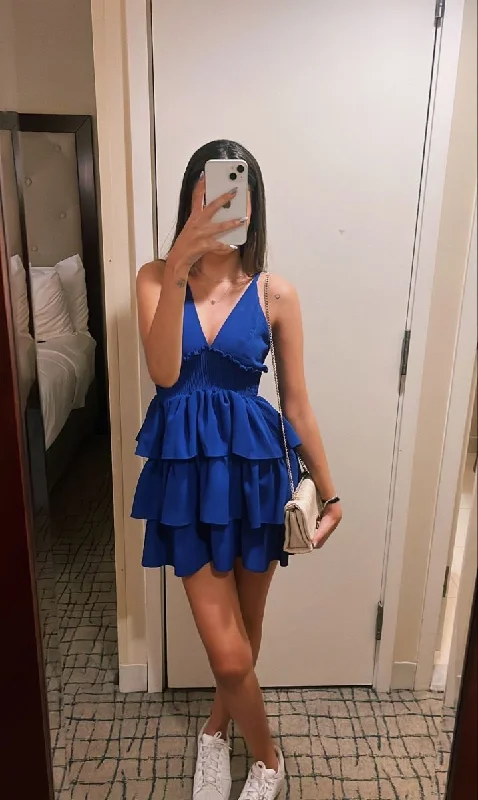 Blue V Neck Layered Satin A Line Homecoming Dress Mini Party Dress  cc1571 Tunics Recommended stylist