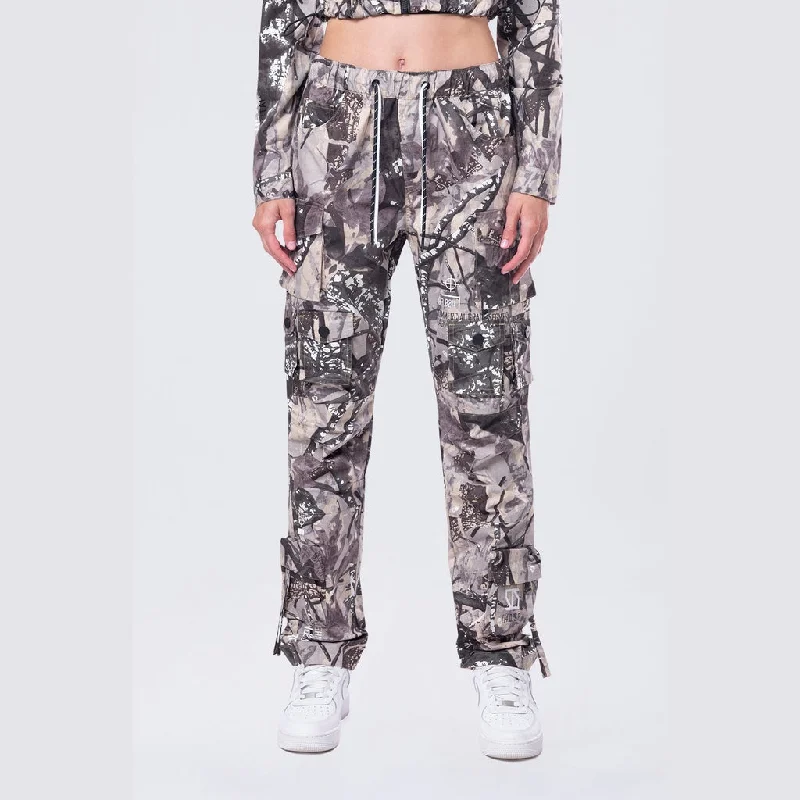 Relaxed Utility Slouched Pants - Olive Hunting Camo Elegant Palazzo Trousers
