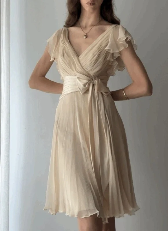 Elegant Champagne V Neck A-Line Formal Party Dress Cocktail Dress, DP4626 Chiffon Maxi Beach