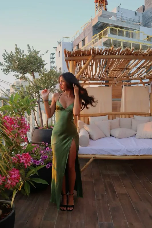 Green Spaghetti Straps V Neck Satin Long Party Dress Wedding Guest Dress, DP4490 Tunics stripes playful Green Spaghetti Straps V Neck Satin Long Party Dress Wedding Guest Dress, DP4490 Tunics stripes playful