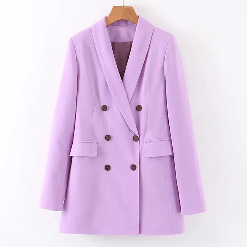 Autumn Women's Blazer Top Double-Breasted Lapel Solid Color Polyester Jacket Slim-Fit Office Wear Casual Temperament Formal Wear Herringbone Jacket Checkered Jacket Solid Jacket