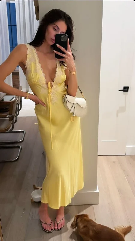 Yellow Lace V Neck Sheath Satin Long Party Dress Fashion Date Night Dress, DP4603 Crew Neckline Sporty