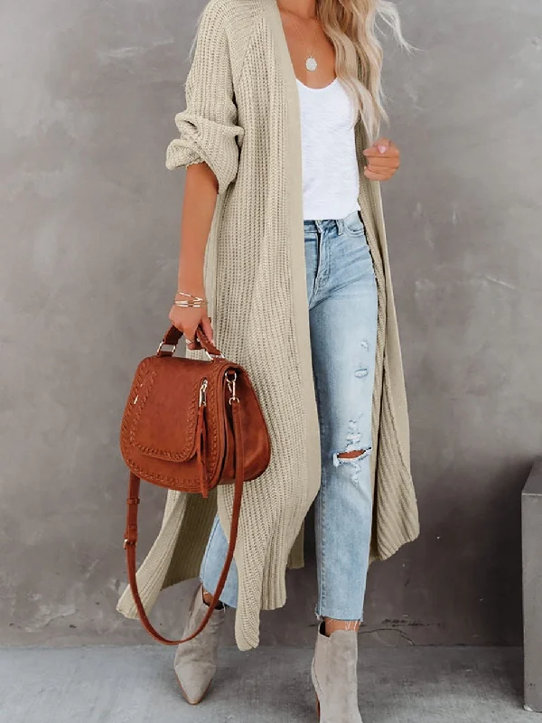 Beige Chunky Knit Open Front Duster Cardigan with Side Slits Sequined Glittery Shiny