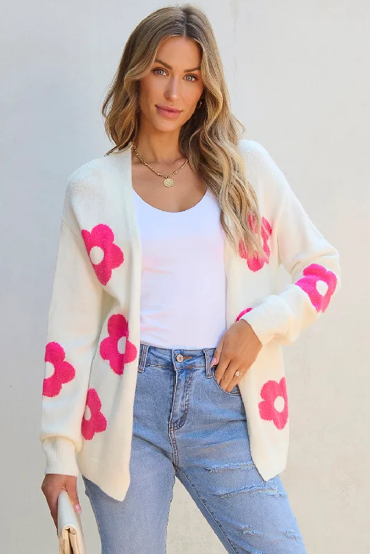 Flower Pattern Open Front Cardigan Notch Collar Peter Pan Collar Cowl Neck