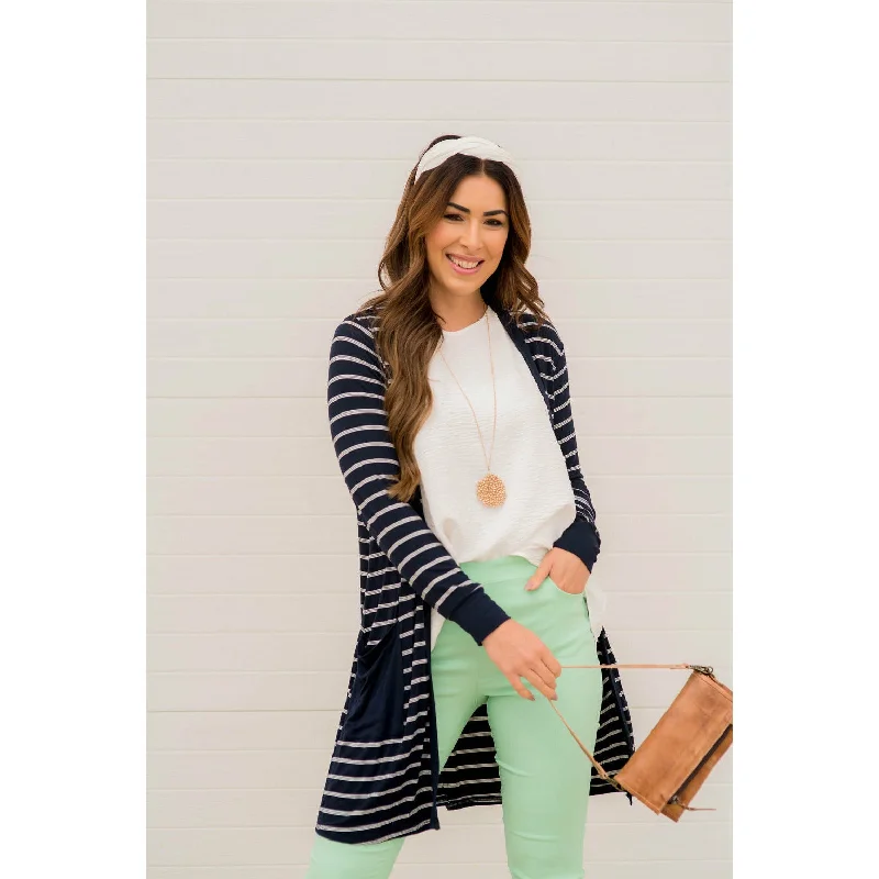 Triple Striped Pocket Tunic Cardigan Zippered Front Buttoned Front Snap Front