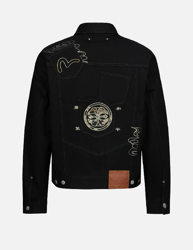 Brocade Pattern Logo and Kamon Embroidered Denim Jacket Anorak Shell Jacket Lightweight Jacket