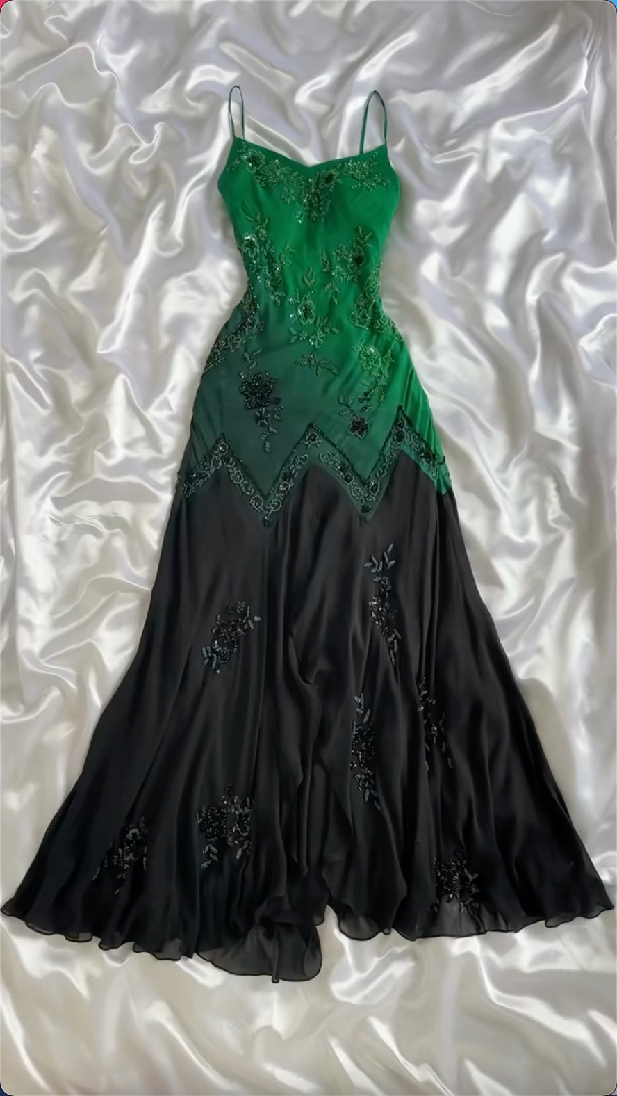 Green Spaghetti Straps Beading Vintage Long Party Dress, DP4189 Tunics Seasonal trendy