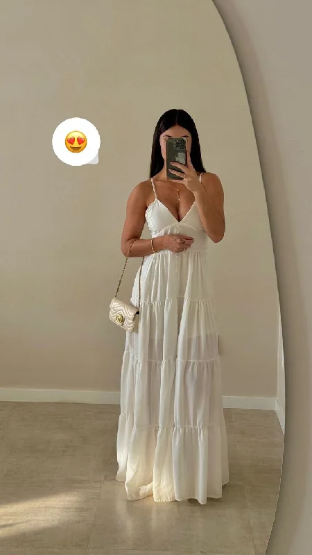 White V Neck Spaghetti Straps A-Line Long Party Dress Fashion Women Dress, DP4493 Tunics Solid Classic