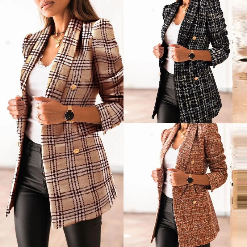 Women's Suit Jacket Autumn Winter Vintage Casual Plaid Lapel Double Breasted Button Blazer Elegant Office Lady Clothing Hoodie Zip-Up Jacket Button-Up Jacket