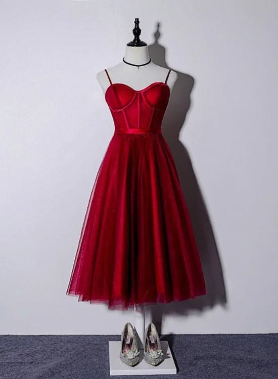Beautiful Dark Red Tea Length Straps Wedding Party Dress, Homecoming Dress Tunics Leisure comfortable