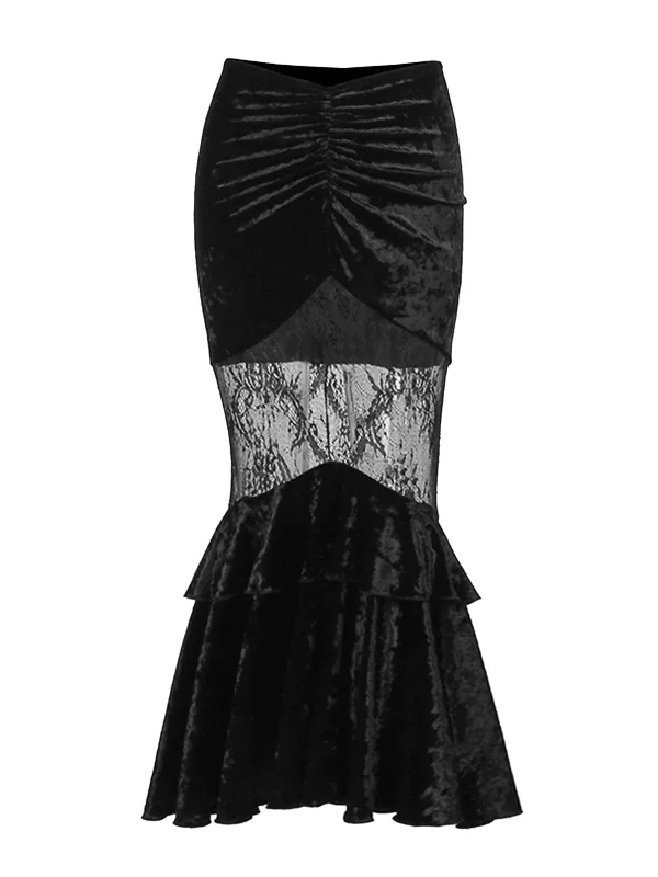 1970s Gothic Velvet Lace Tiered Mermaid Skirt denim skirt stylish