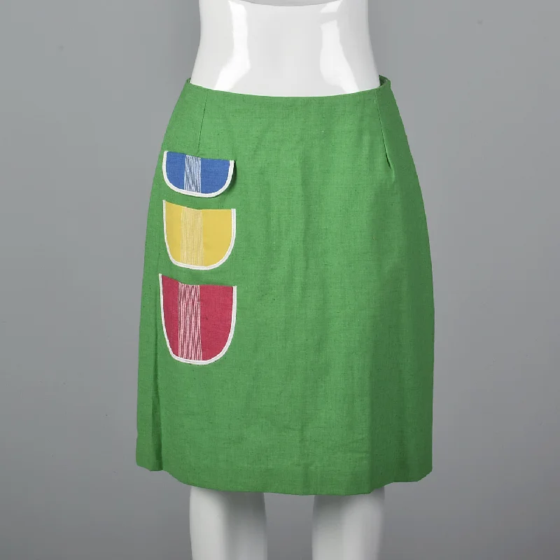 1960s Deadstock Green Mini Skirt with Patch Pockets ruffled skirt detail
