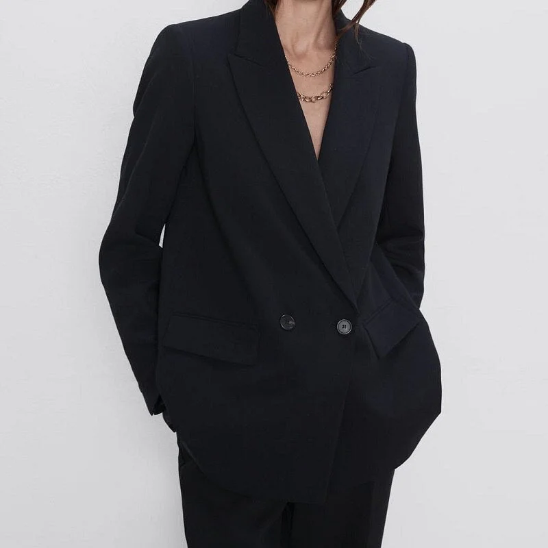 Women Suit Blazer Jacket Coat Female Loose Casual Double-Breasted Long-Sleeve Office Ladies Outwear Vintage Solid Color Korean Belted Jacket Elasticated Jacket Padded Jacket