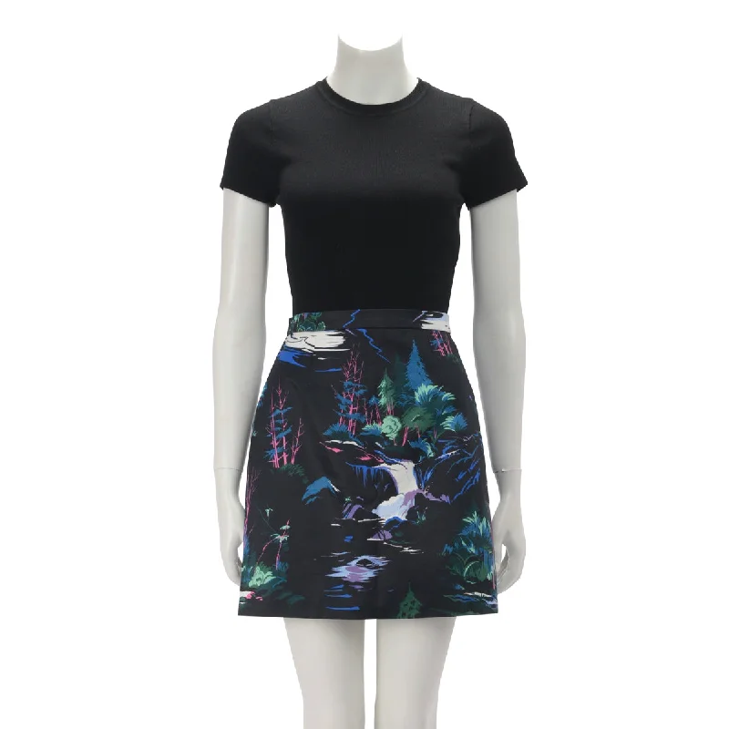 Balenciaga Black & Blue Cotton Forest Print Mini Skirt FR 40 belted skirt waist