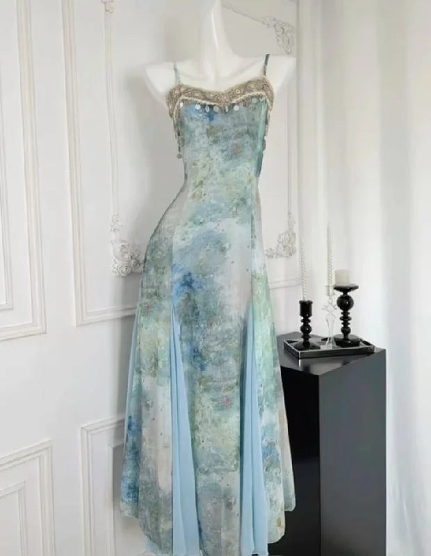 Blue Spaghetti Straps A-Line Long Party Dress Wedding Guest Dress, DP4080 Tunics Satin smooth