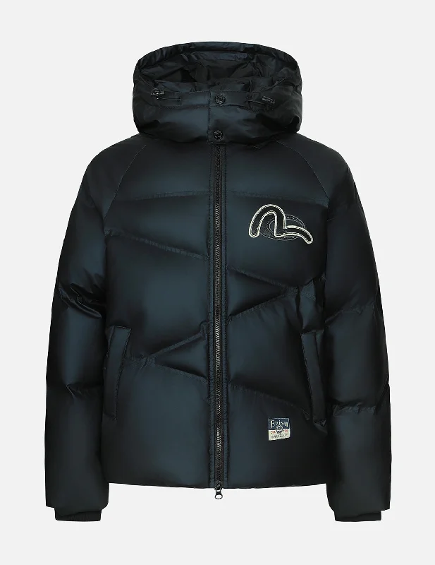 Logos and "Wheel of Wisdom" Embroidery Fashion Fit Down Jacket One-Shoulder Jacket Off-the-Shoulder Jacket Asymmetrical Jacket Logos and "Wheel of Wisdom" Embroidery Fashion Fit Down Jacket One-Shoulder Jacket Off-the-Shoulder Jacket Asymmetrical Jacket