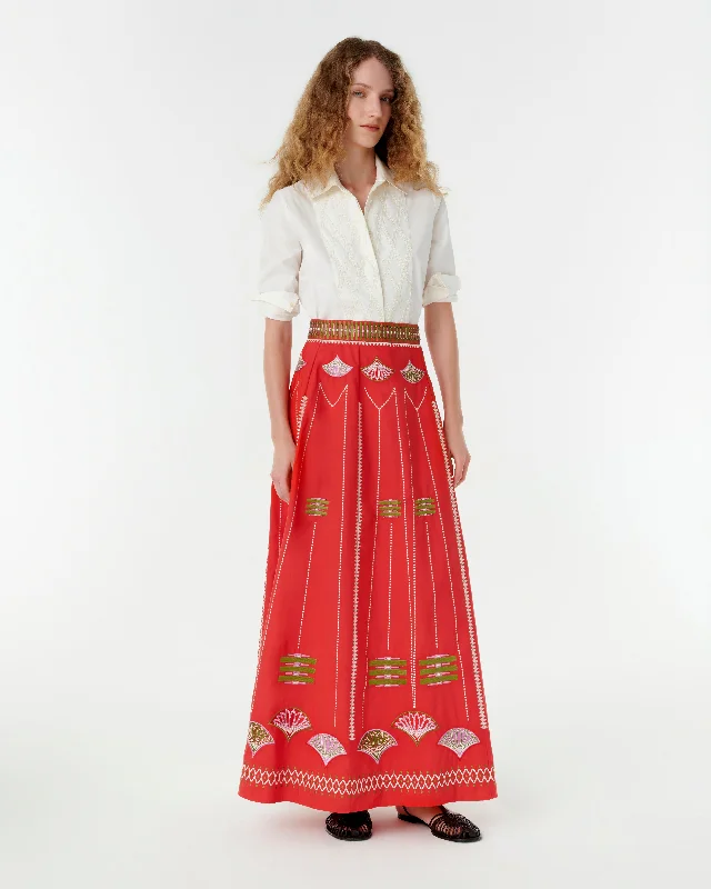 Camille Skirt with Japanese Peacock Embroidery linen skirt natural